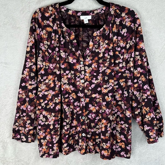 J. Jill Tops - J Jill Top Womens 2X Plus Burgundy Floral Long Sleeve Button Down Casual Office